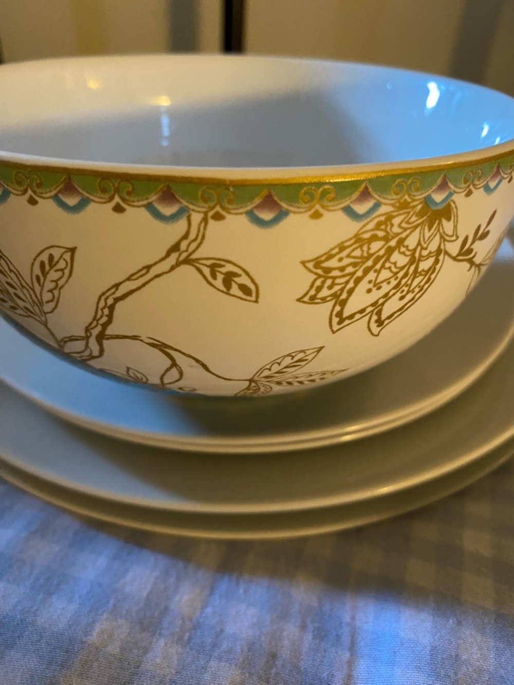 222 Fifth Peacock Garden Soup Cereal Bowls Fine China Porcelain Gold Trim x 2 - Picture 11 of 16